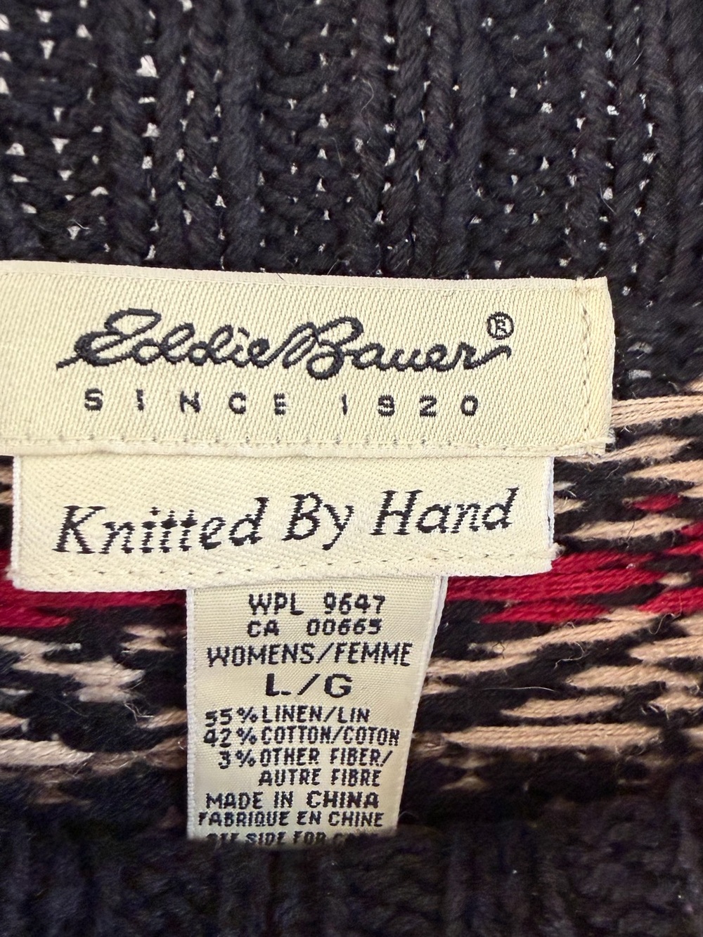 Eddie Bauer Vintage Nordic Fair isle Hiker Hand Knit Sweater Black cotton/linen - Picture 3 of 7